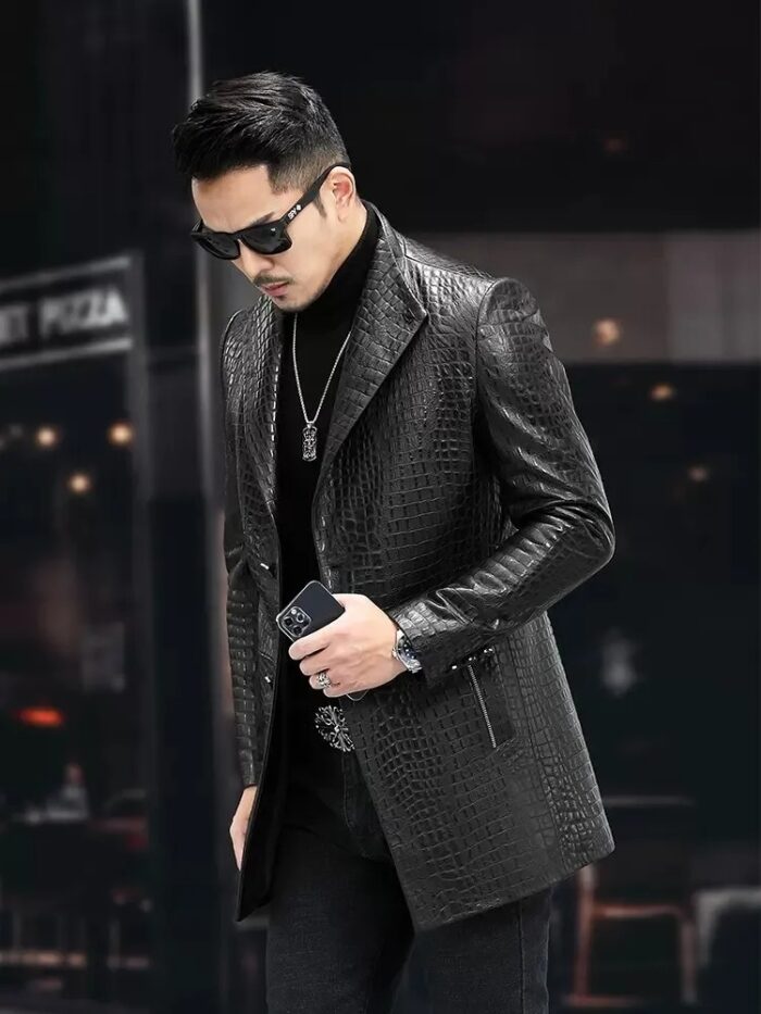 High Quality Luxury Genuine Leather Blazers Men Spring Slim Office Man Embossing Real Sheepskin Coat Suit Jacket - Image 6