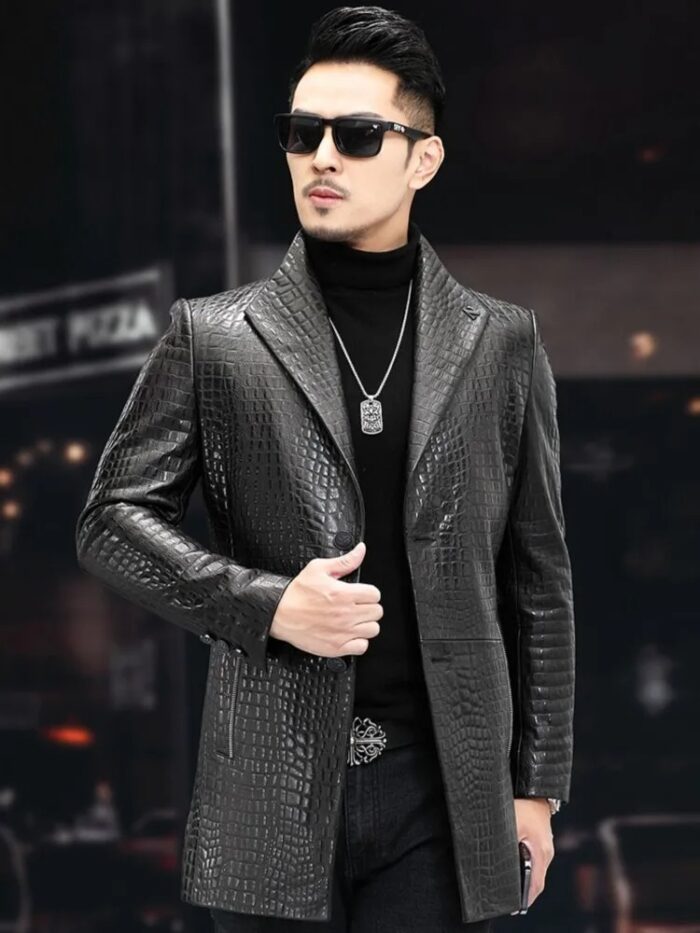 High Quality Luxury Genuine Leather Blazers Men Spring Slim Office Man Embossing Real Sheepskin Coat Suit Jacket - Image 4