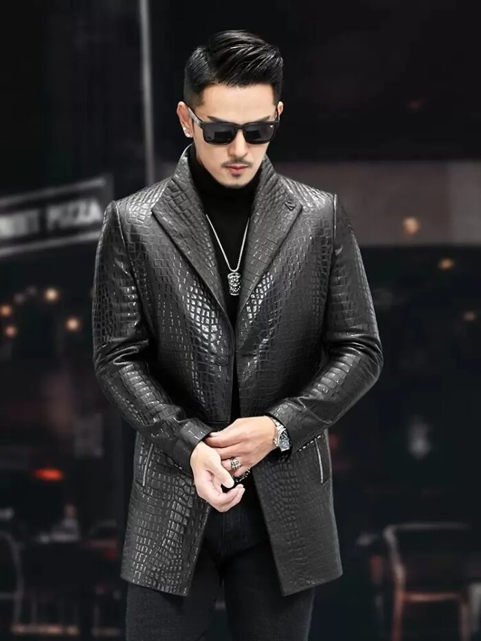 High Quality Luxury Genuine Leather Blazers Men Spring Slim Office Man Embossing Real Sheepskin Coat Suit Jacket - Image 5