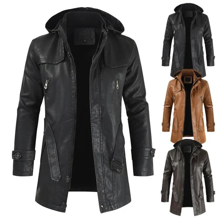 Coat Windproof Clothes Men's Hooded Long Leather coat  Winter Korean Fashion Jacket - Image 5