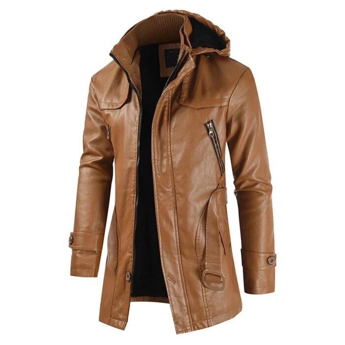 Coat Windproof Clothes Men's Hooded Long Leather coat  Winter Korean Fashion Jacket - Image 7