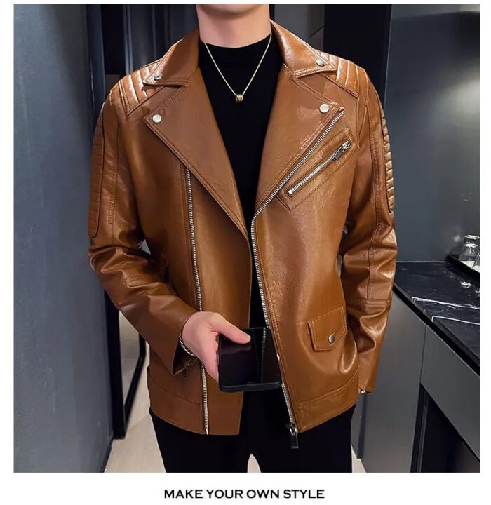 Leather Jackets Spring Autumn Biker Jacket Men Zipper Long Sleeve  Male Short Cool Leather Jackets Fashion Coat - Image 3