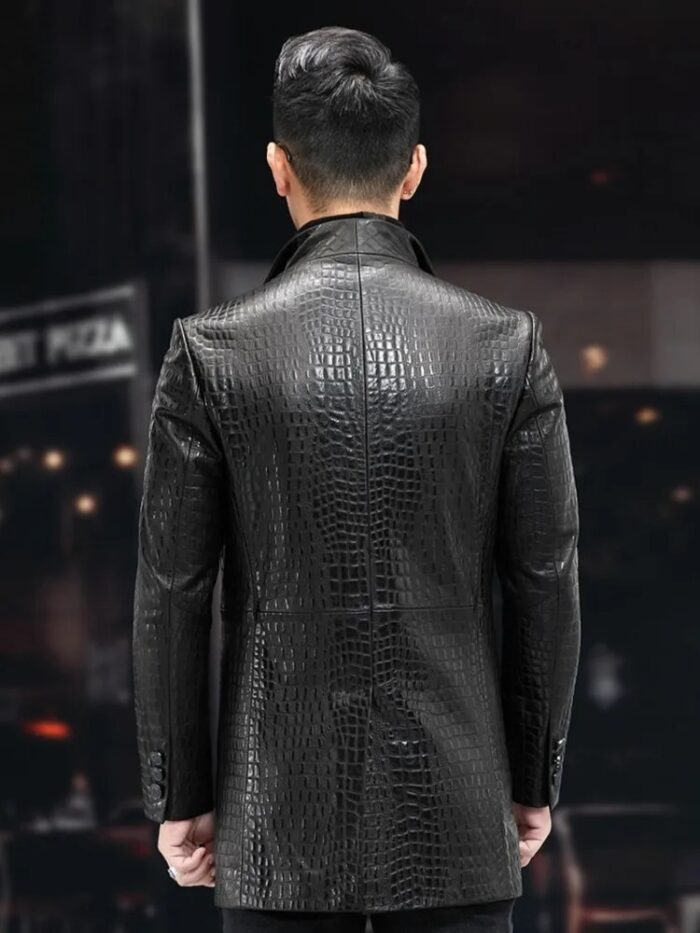 High Quality Luxury Genuine Leather Blazers Men Spring Slim Office Man Embossing Real Sheepskin Coat Suit Jacket - Image 2