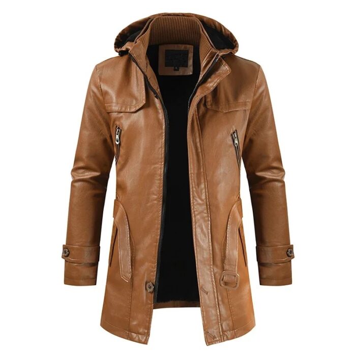 Coat Windproof Clothes Men's Hooded Long Leather coat  Winter Korean Fashion Jacket - Image 8