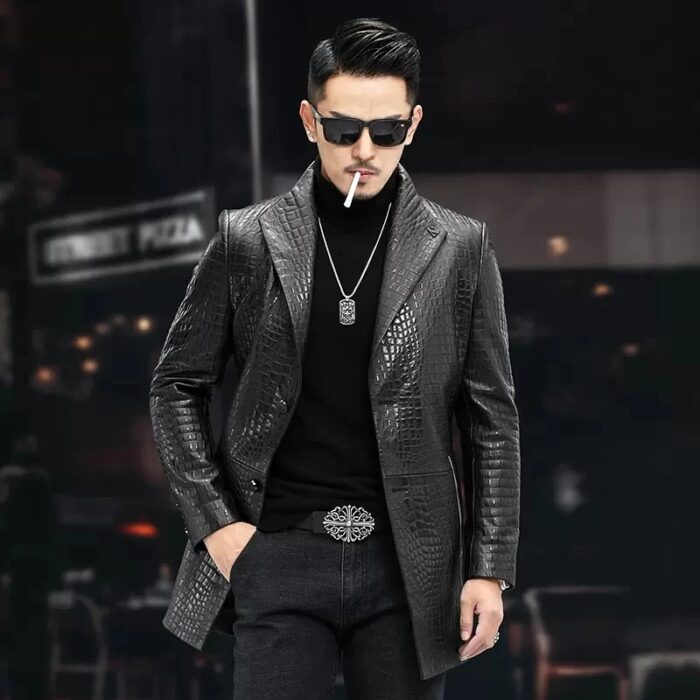 High Quality Luxury Genuine Leather Blazers Men Spring Slim Office Man Embossing Real Sheepskin Coat Suit Jacket