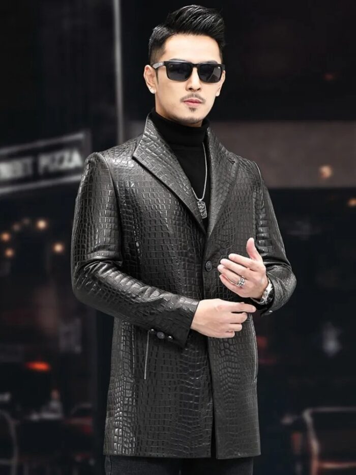 High Quality Luxury Genuine Leather Blazers Men Spring Slim Office Man Embossing Real Sheepskin Coat Suit Jacket - Image 3