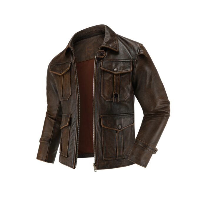 Top-Layer Cowhide Leather Jacket Men's Four Seasons Motorcycle Leather Jacket Slim-Fit Lapel Multi-Pocket Jacket - Image 2