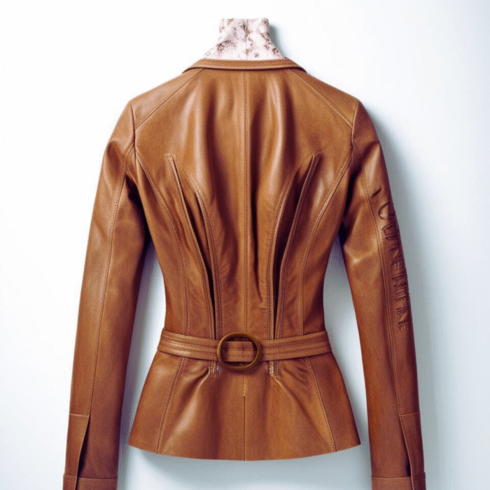 Women's Vintage Tan Leather Jacket with Belted Waist and Embroidered Details - Image 2