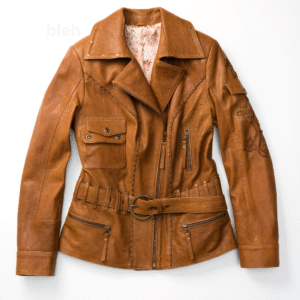 Women's Vintage Tan Leather Jacket with Belted Waist and Embroidered Details