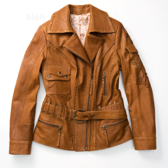 Women's Vintage Tan Leather Jacket with Belted Waist and Embroidered Details